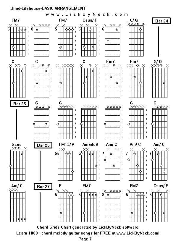 Chord Grids Chart of chord melody fingerstyle guitar song-Blind-Lifehouse-BASIC ARRANGEMENT,generated by LickByNeck software.